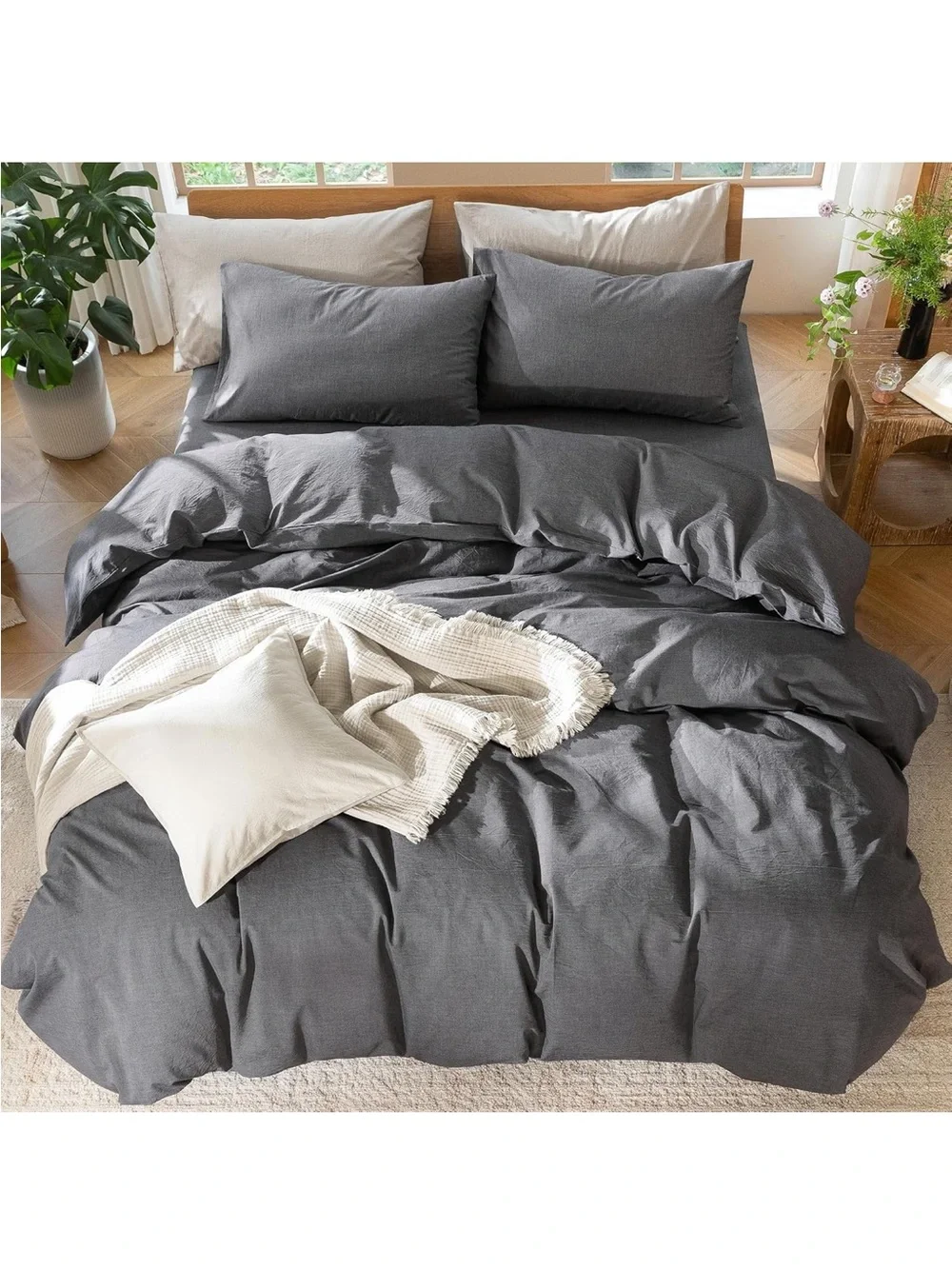 NEW MooMee Bedding Duvet Cover Set 100% Washed Cotton Linen-Like. Dark Grey King